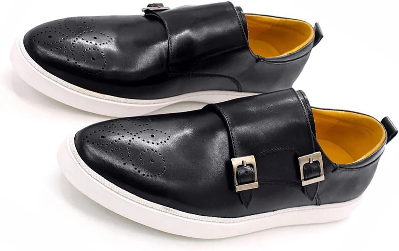 Mens Causal Shoes Double Buckle Monk Strap Loafers Genunie Leather Modern Prom Flat Shoes Wedding Business Fashion Comfortable Tuxedo Shoes for Men