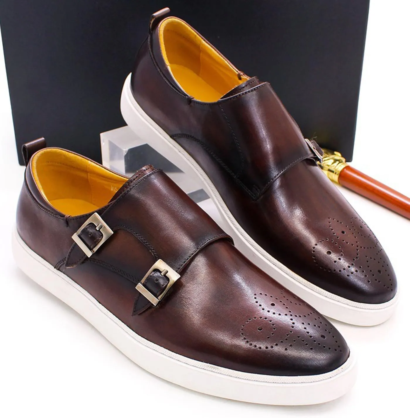 Mens Causal Shoes Double Buckle Monk Strap Loafers Genunie Leather Modern Prom Flat Shoes Wedding Business Fashion Comfortable Tuxedo Shoes for Men