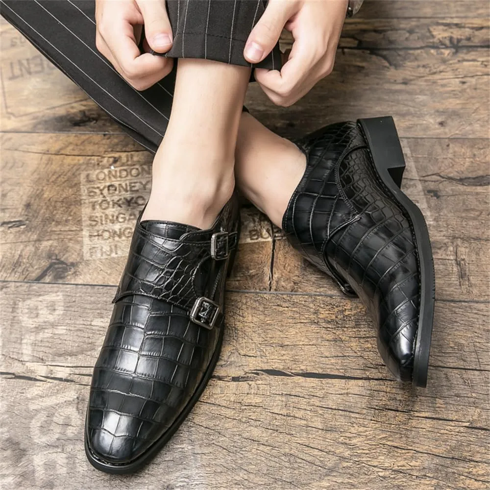 Mens Double Monk Strap Slip on Loafer Cap Toe Leather Oxford Formal Business Dress Shoes for Men