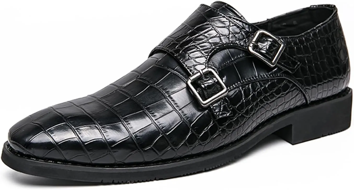 Mens Double Monk Strap Slip on Loafer Cap Toe Leather Oxford Formal Business Dress Shoes for Men