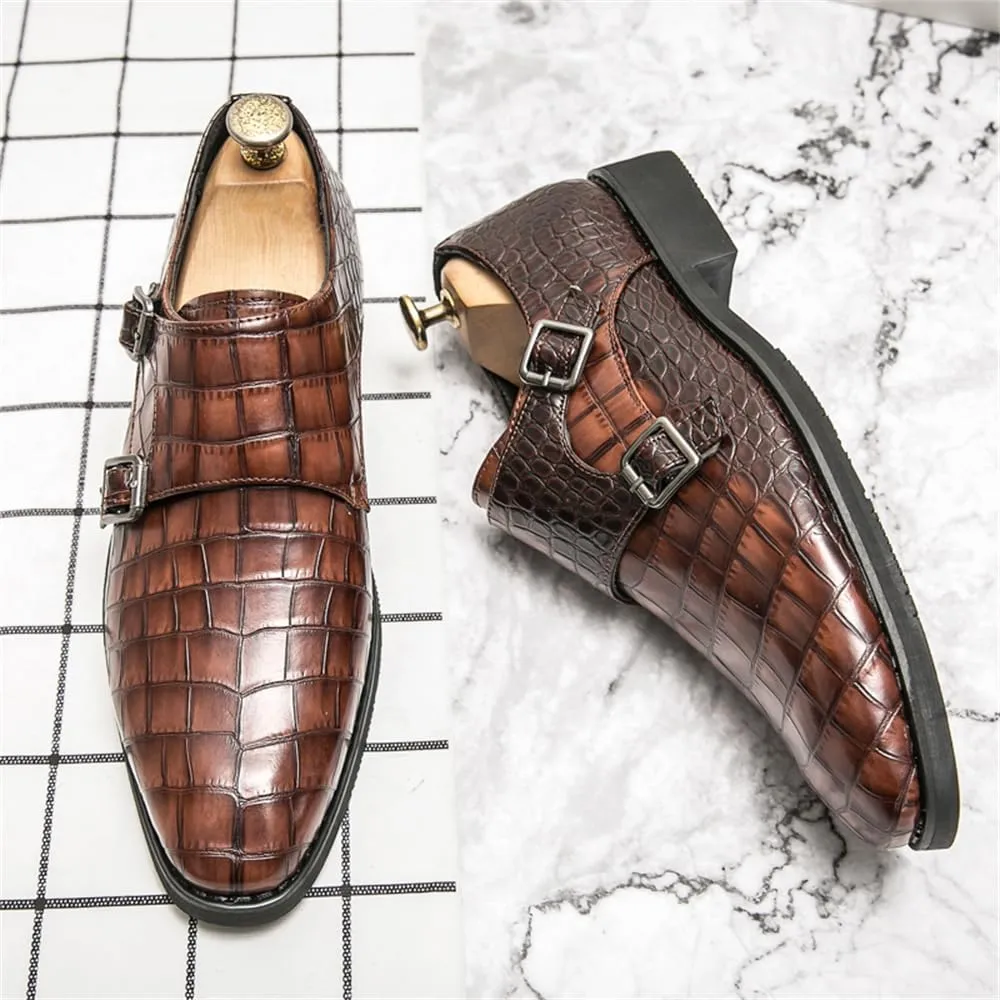 Mens Double Monk Strap Slip on Loafer Cap Toe Leather Oxford Formal Business Dress Shoes for Men
