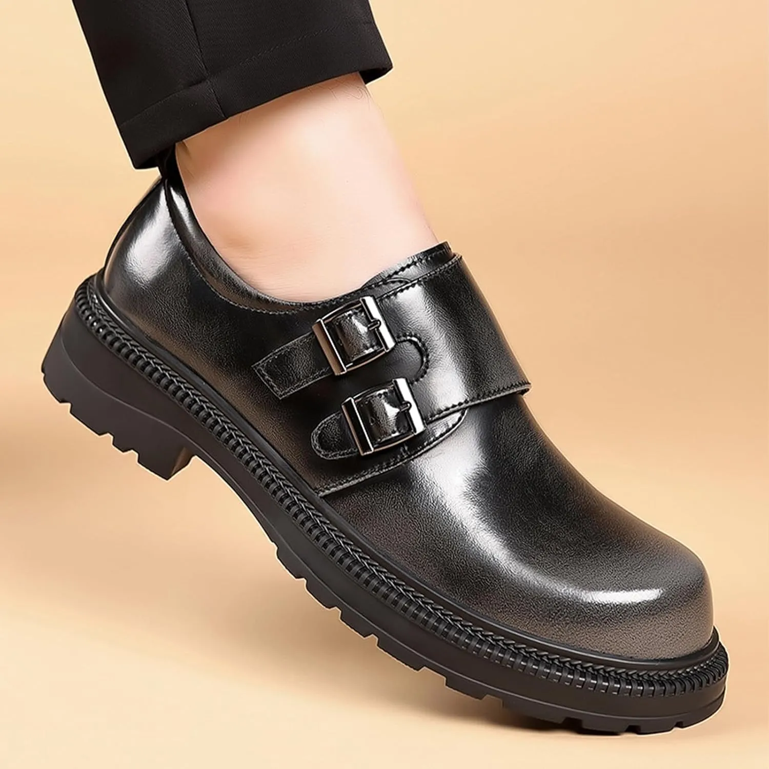 Men's Leather Double Monk Strap Platform Low Chunky Heel Loafers Retro Color Wipe Round Toe Comfortable Slip On Anti-Slip Lug Sole Derby Shoes for Business Wedding Daily Dating