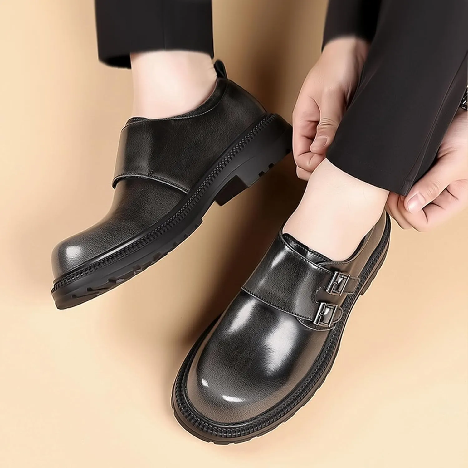 Men's Leather Double Monk Strap Platform Low Chunky Heel Loafers Retro Color Wipe Round Toe Comfortable Slip On Anti-Slip Lug Sole Derby Shoes for Business Wedding Daily Dating
