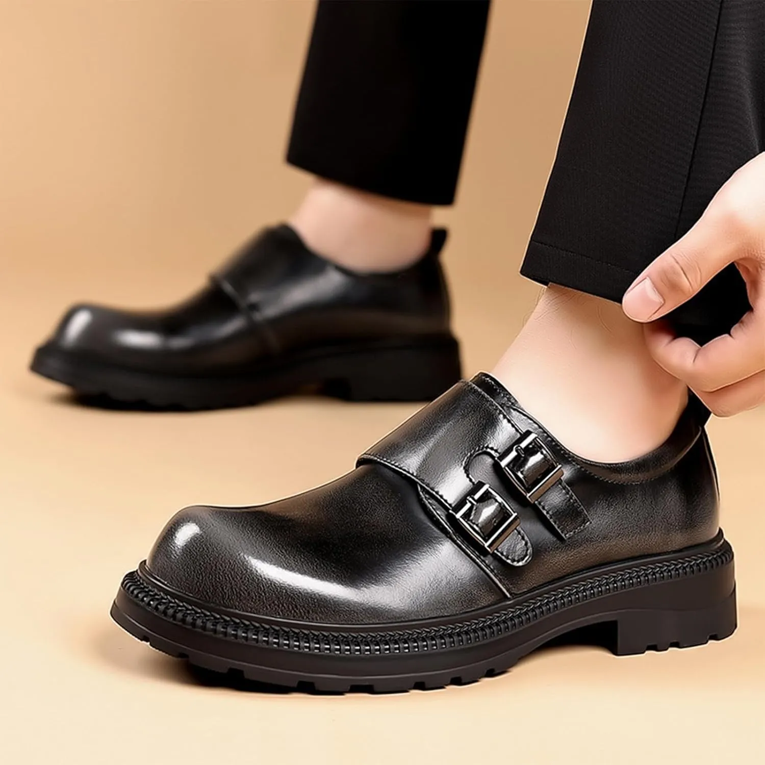 Men's Leather Double Monk Strap Platform Low Chunky Heel Loafers Retro Color Wipe Round Toe Comfortable Slip On Anti-Slip Lug Sole Derby Shoes for Business Wedding Daily Dating