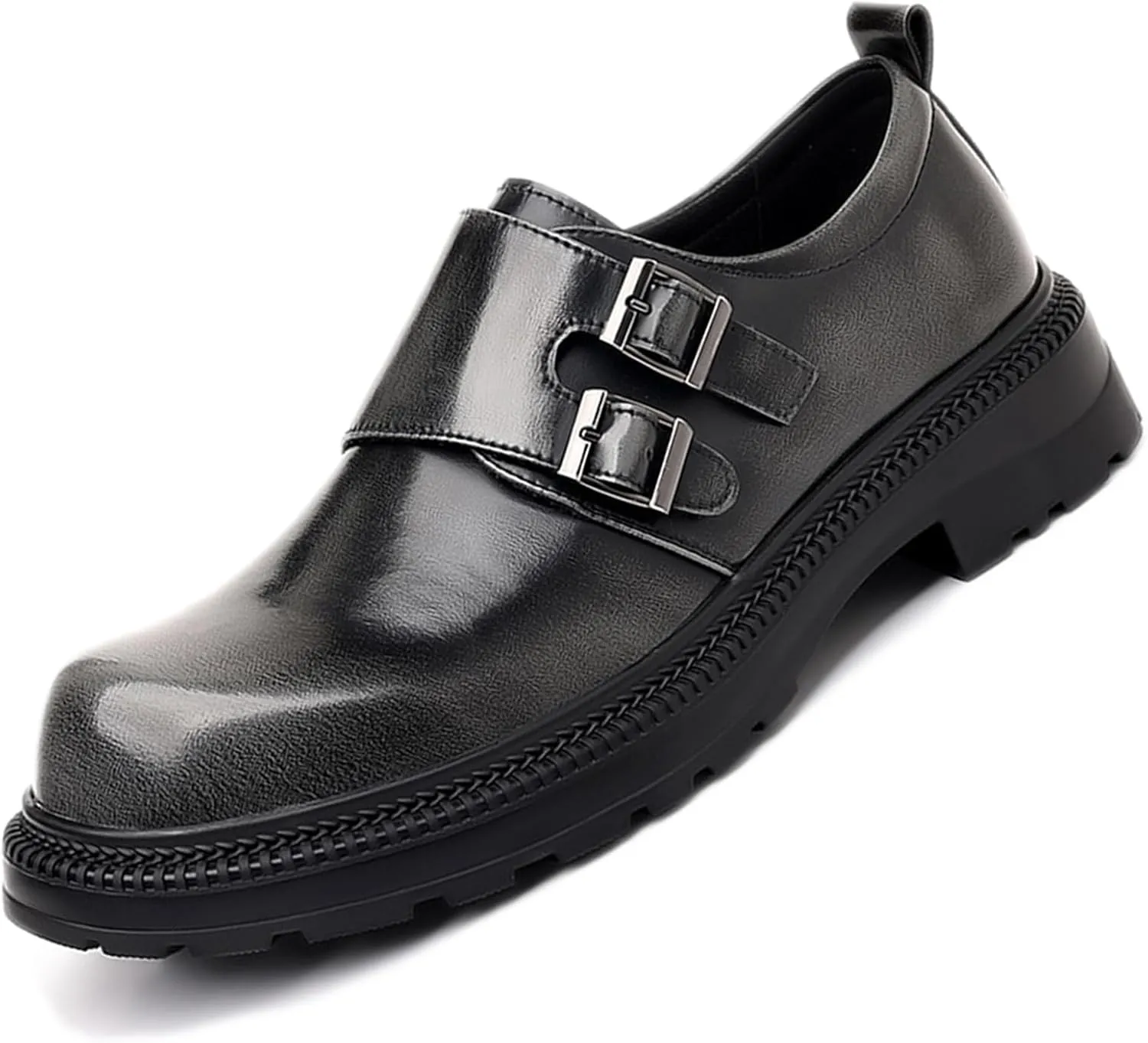 Men's Leather Double Monk Strap Platform Low Chunky Heel Loafers Retro Color Wipe Round Toe Comfortable Slip On Anti-Slip Lug Sole Derby Shoes for Business Wedding Daily Dating