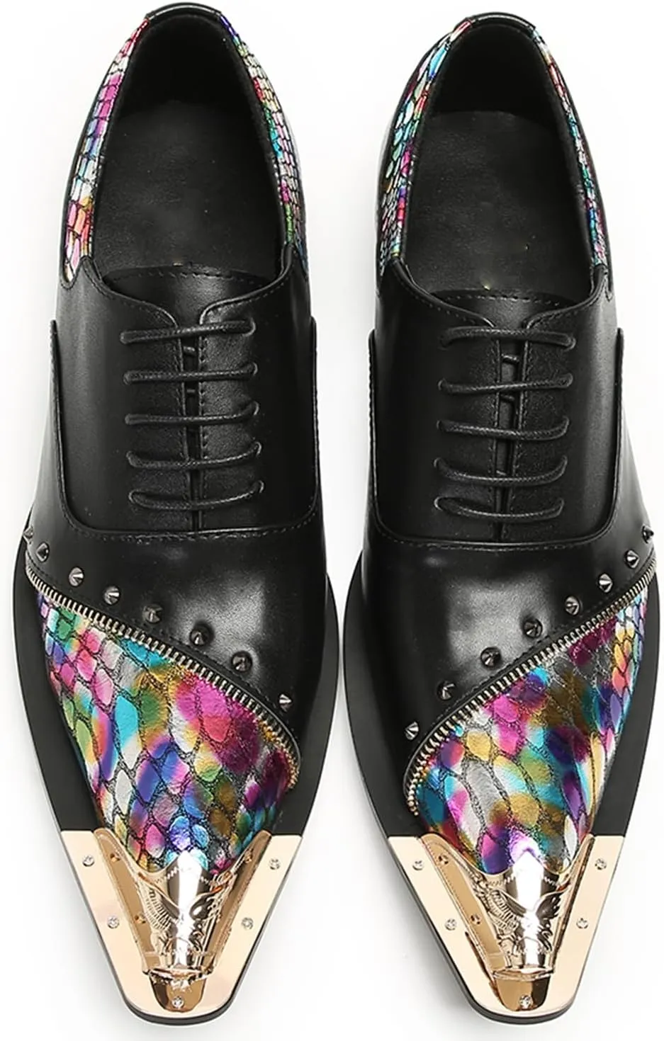 Mens Oxford Shoes Formal Dress Shoes Lace-Up Prom Rainbow Burnished Leather Lined Rivet Metal Cap Tip Sleek Luxury Party Shoes