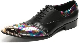 Mens Oxford Shoes Formal Dress Shoes Lace-Up Prom Rainbow Burnished Leather Lined Rivet Metal Cap Tip Sleek Luxury Party Shoes