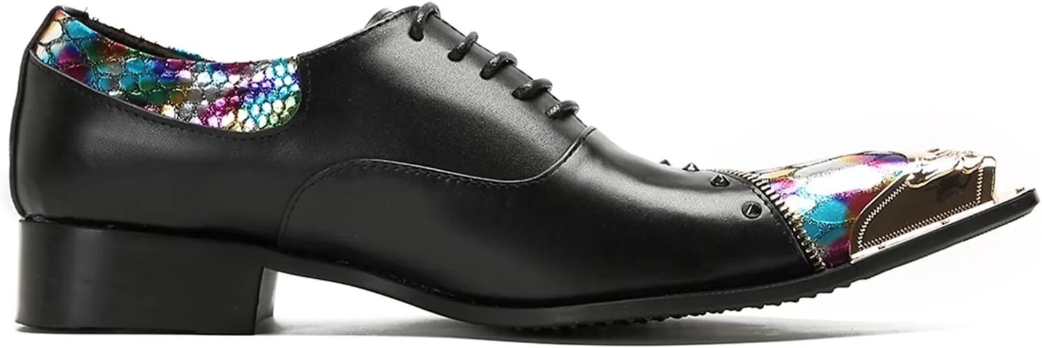 Mens Oxford Shoes Formal Dress Shoes Lace-Up Prom Rainbow Burnished Leather Lined Rivet Metal Cap Tip Sleek Luxury Party Shoes