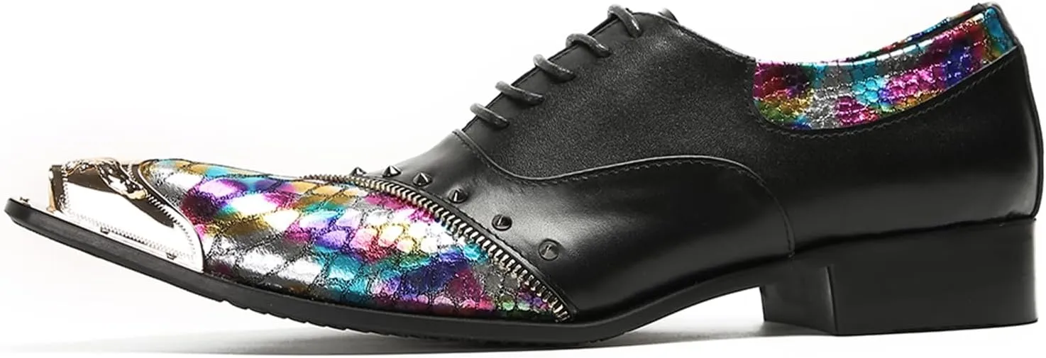Mens Oxford Shoes Formal Dress Shoes Lace-Up Prom Rainbow Burnished Leather Lined Rivet Metal Cap Tip Sleek Luxury Party Shoes