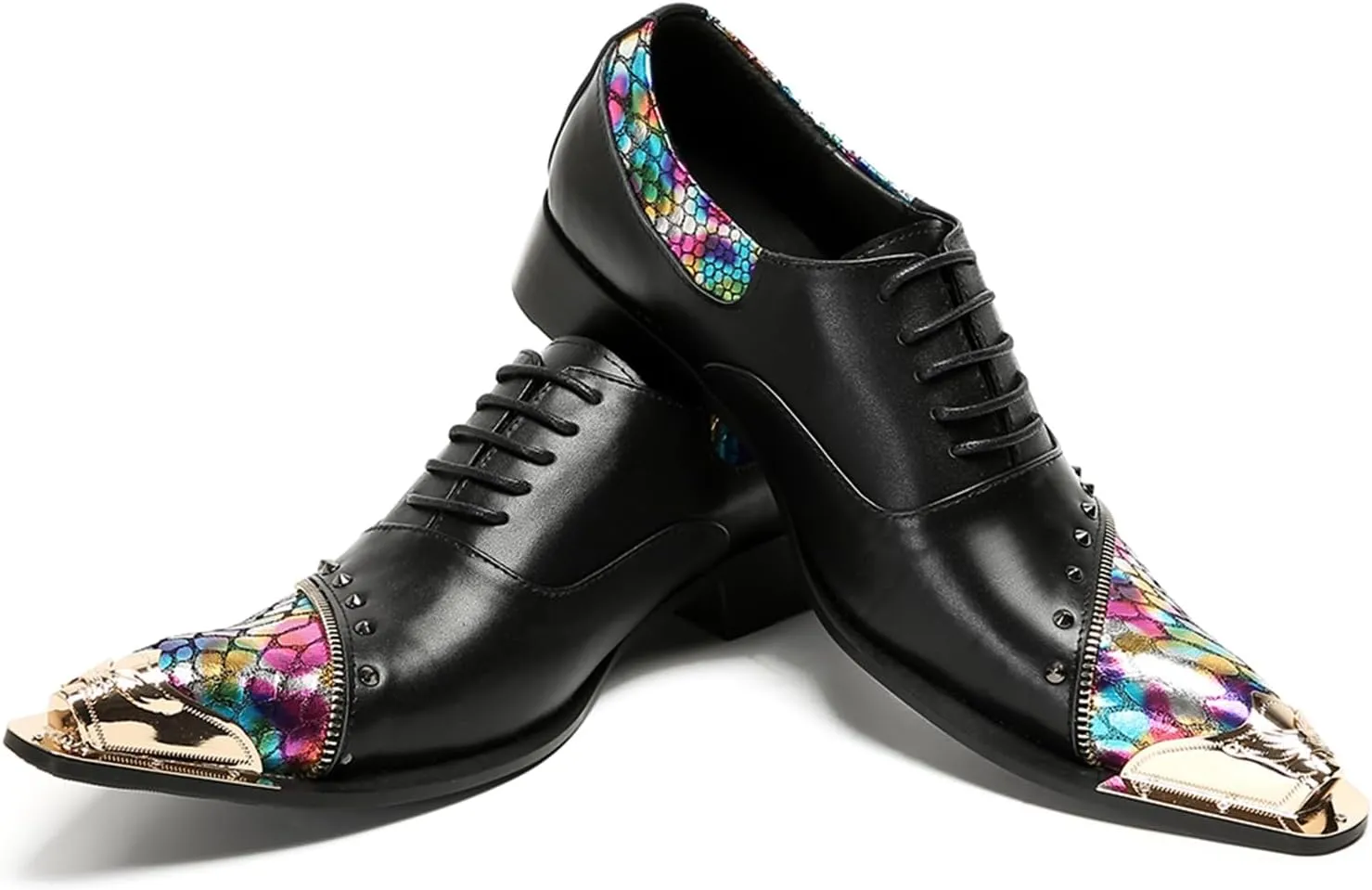 Mens Oxford Shoes Formal Dress Shoes Lace-Up Prom Rainbow Burnished Leather Lined Rivet Metal Cap Tip Sleek Luxury Party Shoes