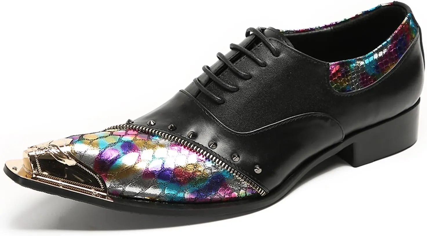 Mens Oxford Shoes Formal Dress Shoes Lace-Up Prom Rainbow Burnished Leather Lined Rivet Metal Cap Tip Sleek Luxury Party Shoes