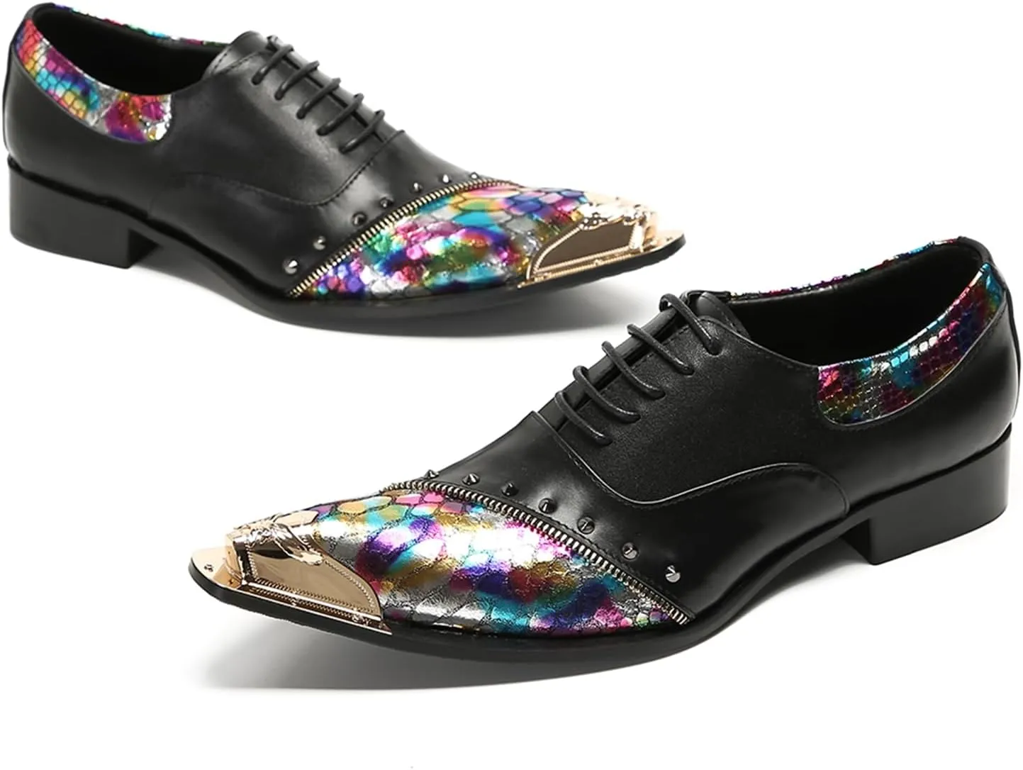 Mens Oxford Shoes Formal Dress Shoes Lace-Up Prom Rainbow Burnished Leather Lined Rivet Metal Cap Tip Sleek Luxury Party Shoes