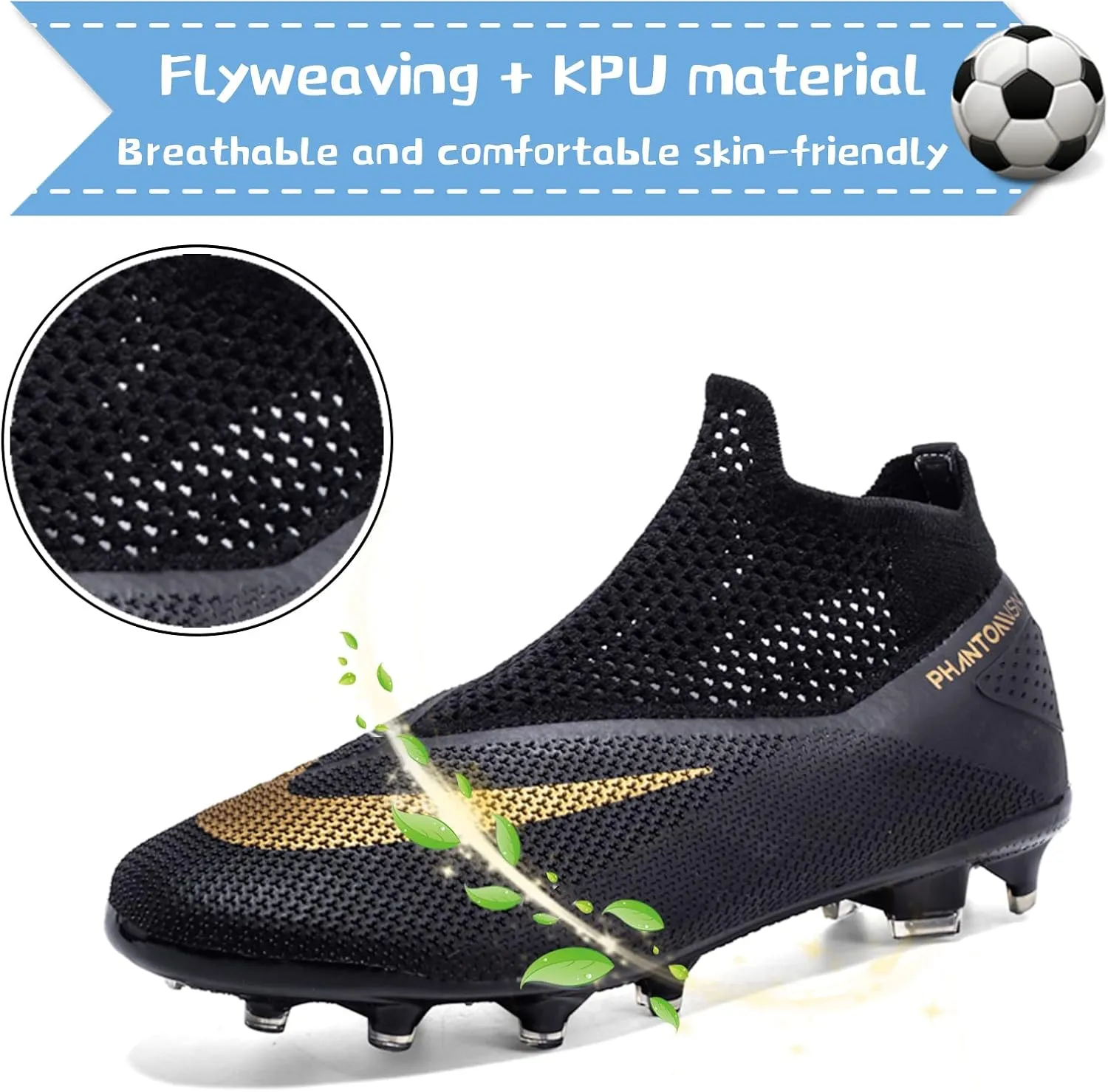 Men's Soccer Shoes High-Top Laceless Firm Ground Football Shoes Outdoor Indoor Boys Athletic Soccer Cleats