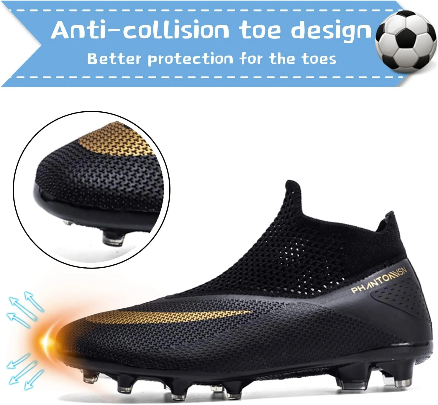 Men's Soccer Shoes High-Top Laceless Firm Ground Football Shoes Outdoor Indoor Boys Athletic Soccer Cleats