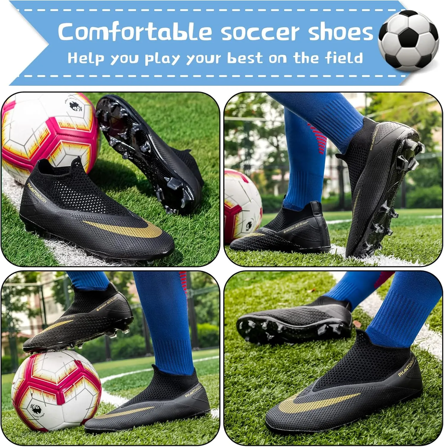 Men's Soccer Shoes High-Top Laceless Firm Ground Football Shoes Outdoor Indoor Boys Athletic Soccer Cleats