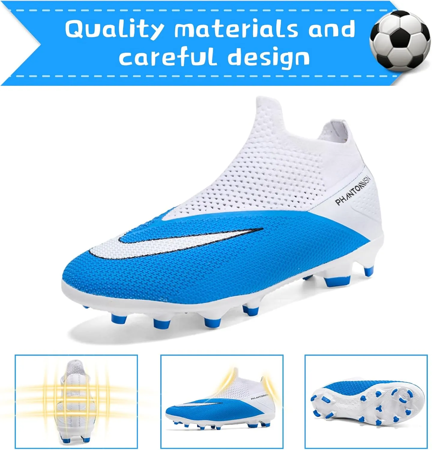 Men's Soccer Shoes High-Top Laceless Firm Ground Football Shoes Outdoor Indoor Boys Athletic Soccer Cleats