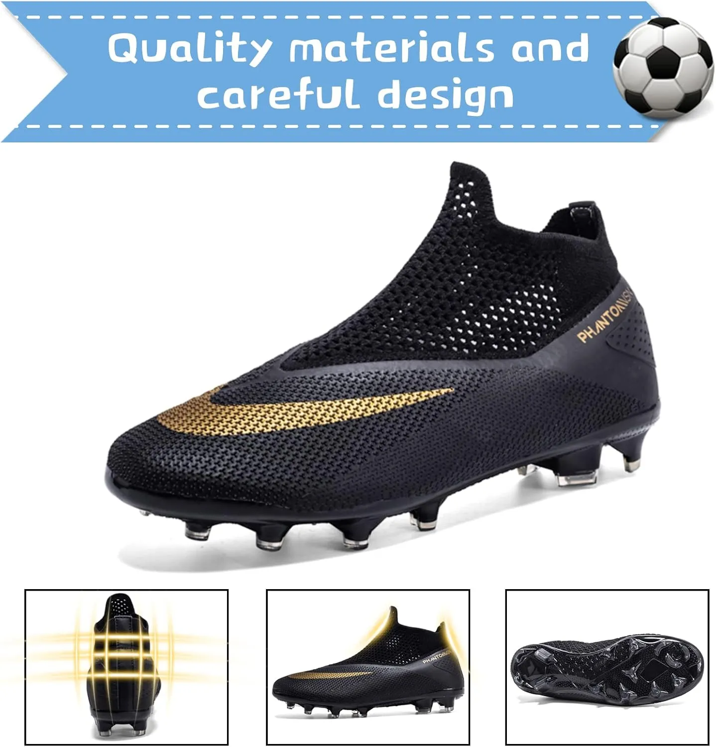 Men's Soccer Shoes High-Top Laceless Firm Ground Football Shoes Outdoor Indoor Boys Athletic Soccer Cleats