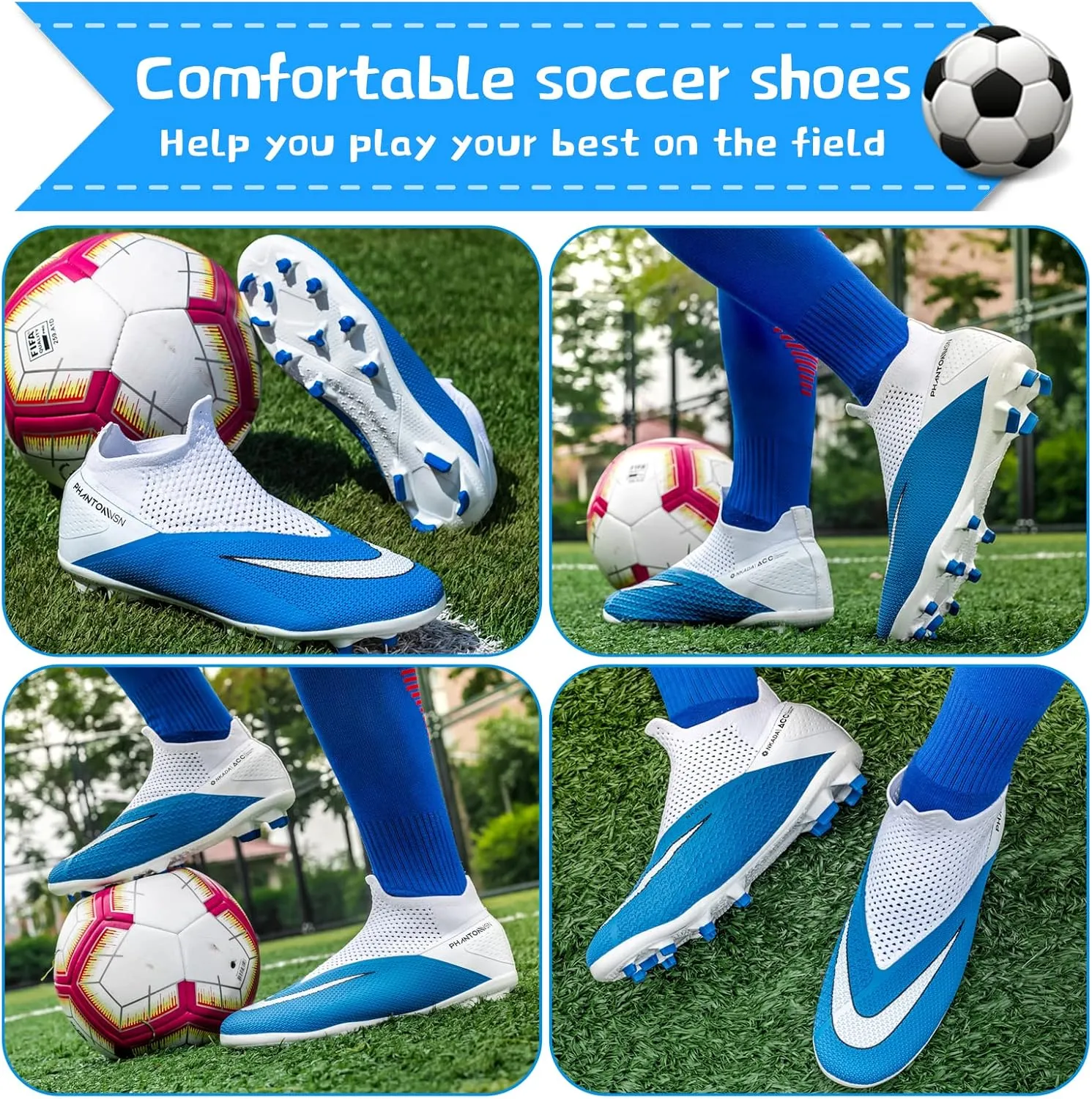 Men's Soccer Shoes High-Top Laceless Firm Ground Football Shoes Outdoor Indoor Boys Athletic Soccer Cleats