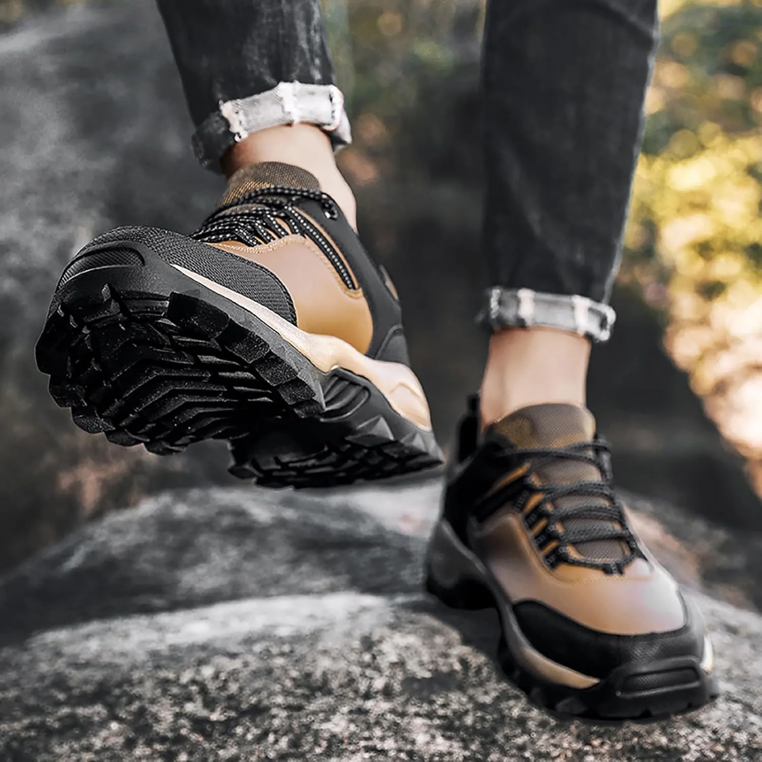 Men's Waterproof Hiking Shoes Leather Low-Top Hiking Shoes for Outdoor Climbing Trekking Camping Walking Mountaineering Boots with Arch Support Men Daily Work Shoe
