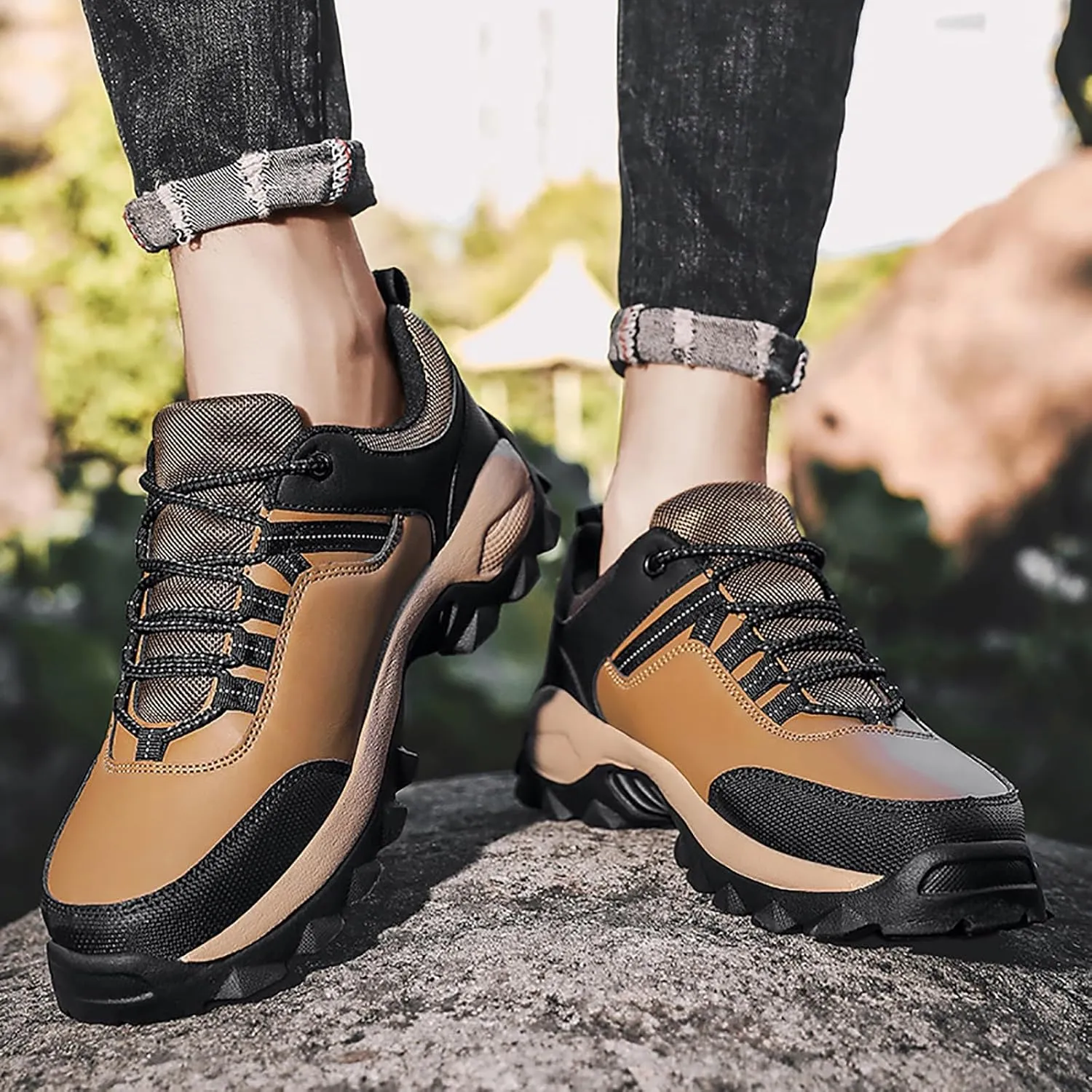 Men's Waterproof Hiking Shoes Leather Low-Top Hiking Shoes for Outdoor Climbing Trekking Camping Walking Mountaineering Boots with Arch Support Men Daily Work Shoe