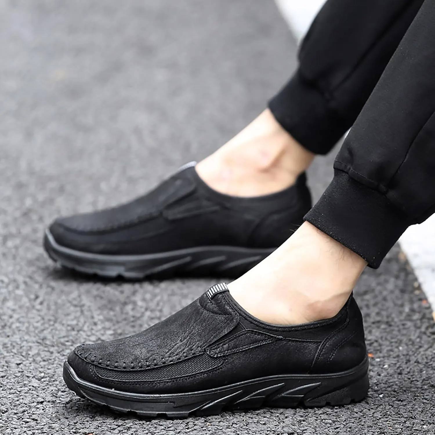 Men's Waterproof Hiking Shoes Slip On Leather Non Slip Outdoor Walking Climbing Casual Loafers Comfortable Work Business Shoes for Men All Day Workout Long Standing