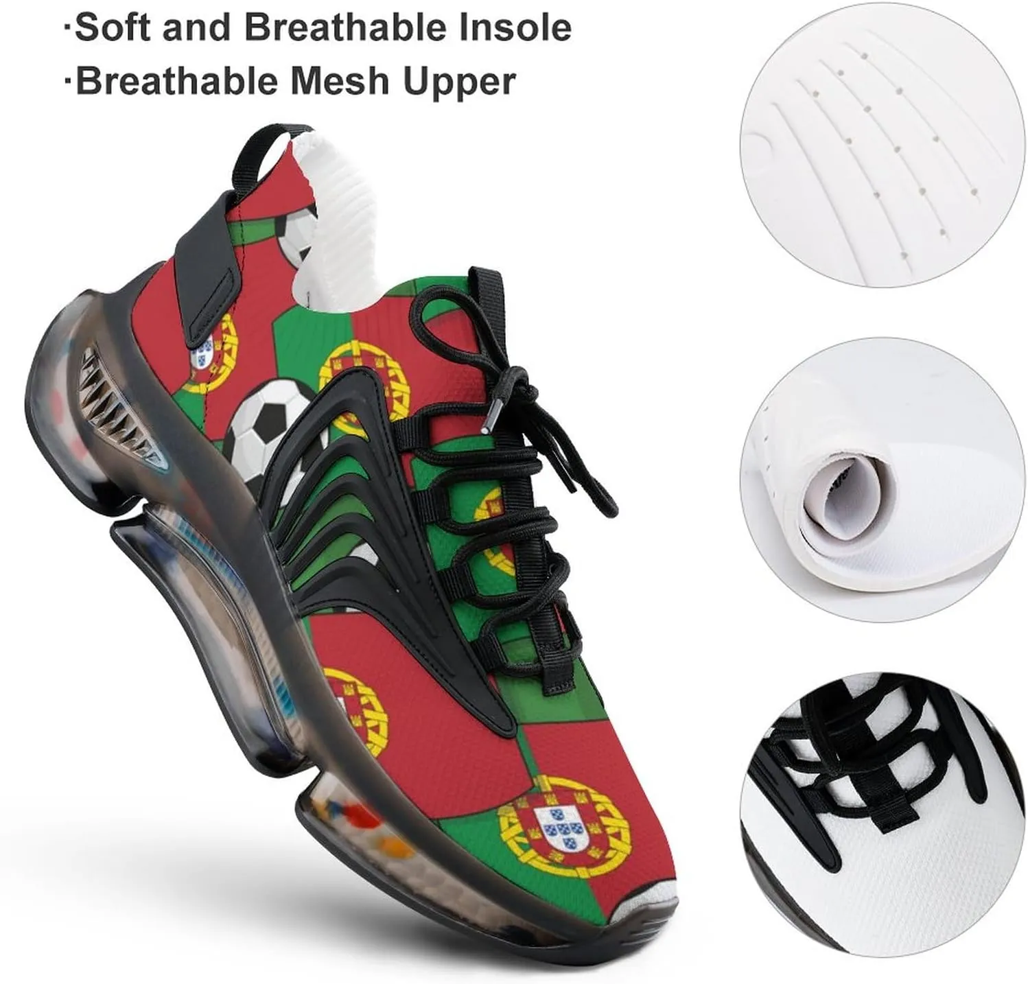 Portugal Football Soccer Pattern Sport Shoes for Men Women Non Slip Lightweight Breathable Walking Running Shoes