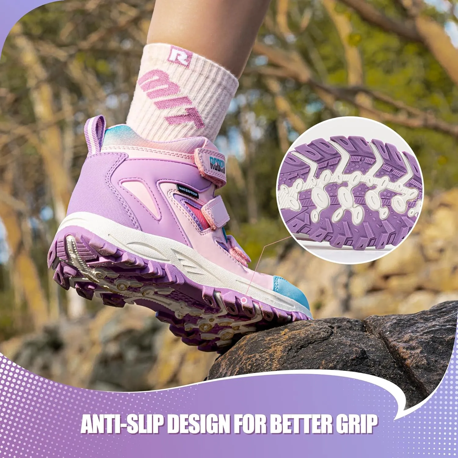 R CORD Kids Hiking Boots Girls Hiking Boots Waterproof Non-Slip for Outdoor Lace-Up Closure Durable TPR Traction Outsole Kids Hiking Shoes