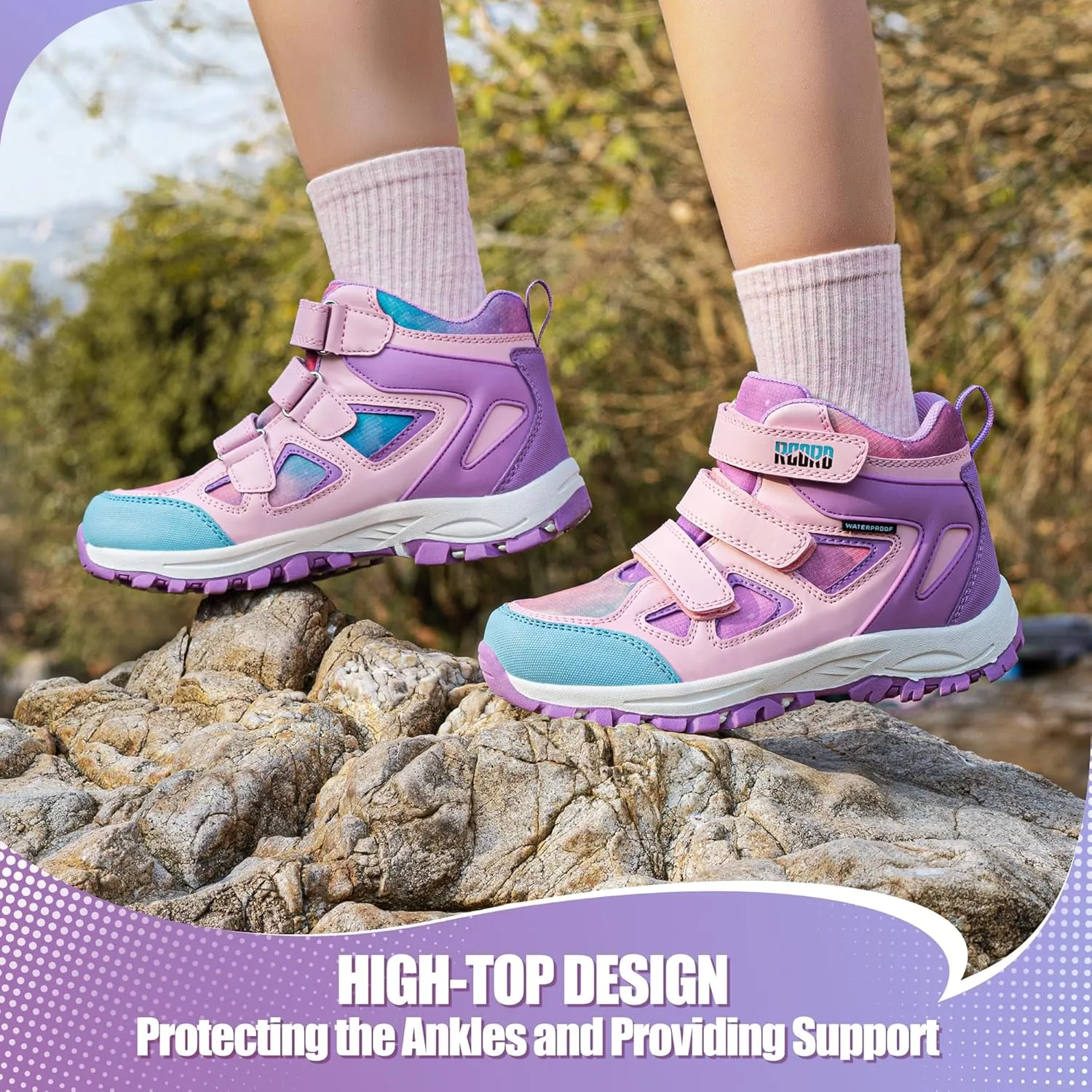 R CORD Kids Hiking Boots Girls Hiking Boots Waterproof Non-Slip for Outdoor Lace-Up Closure Durable TPR Traction Outsole Kids Hiking Shoes