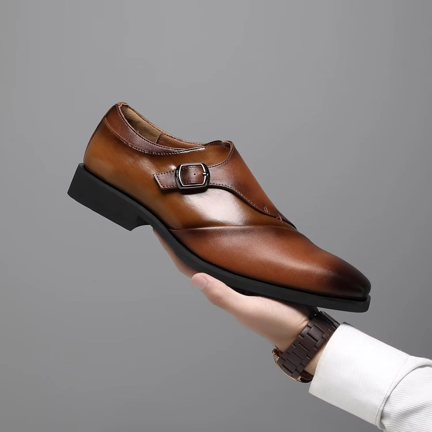 SANNAX Monk Strap Men??s Dress Loafer Shoes Plain Toe Classic Oxfords Shoes for Formal Business Wedding