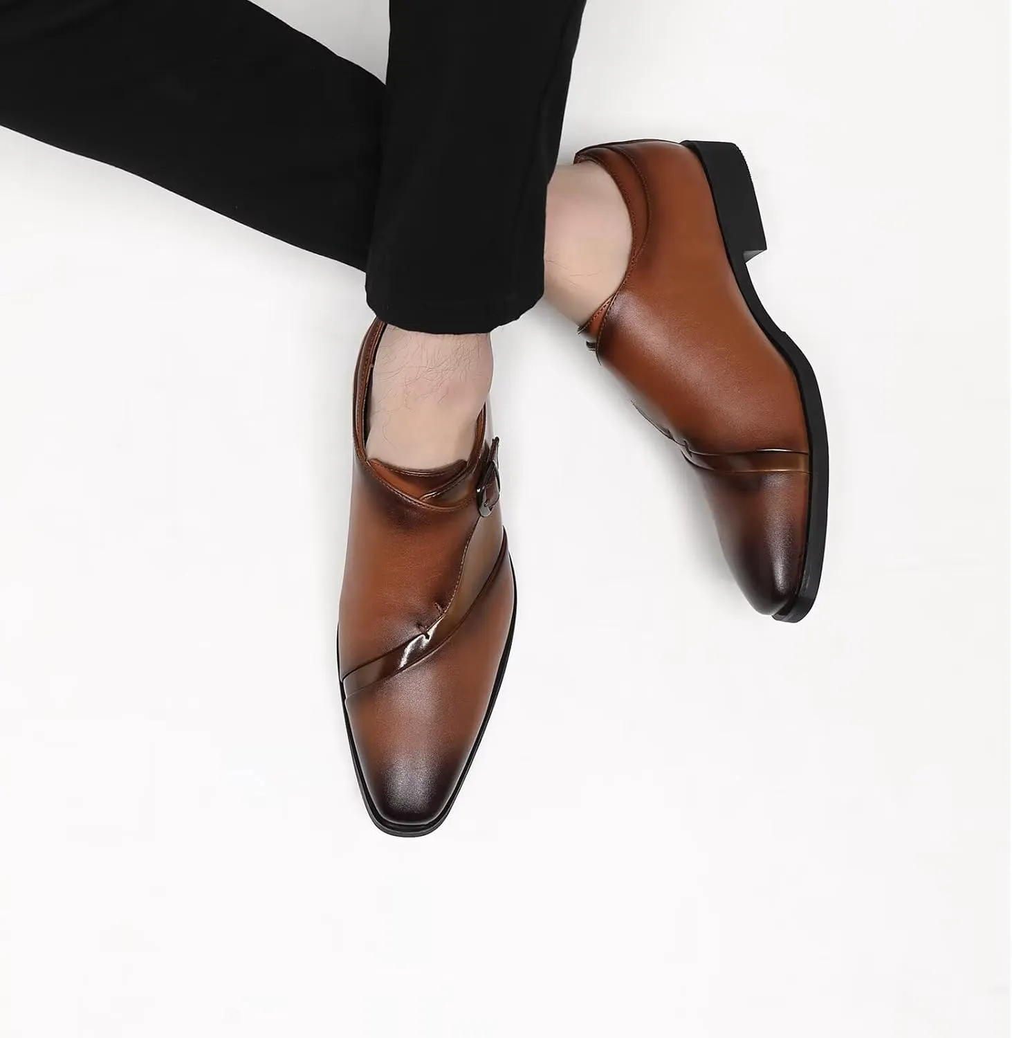 SANNAX Monk Strap Men??s Dress Loafer Shoes Plain Toe Classic Oxfords Shoes for Formal Business Wedding