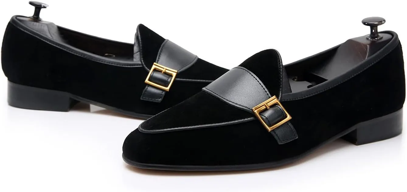 Santimon Men's Velvet Penny Loafers with Gold Buckle, Genuine Leather Formal Dress Slip On Shoes,Prom Wedding Tuxedo Shoes for Men