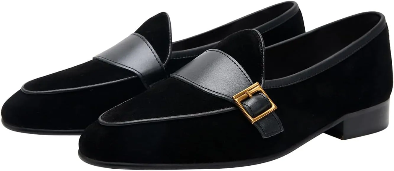 Santimon Men's Velvet Penny Loafers with Gold Buckle, Genuine Leather Formal Dress Slip On Shoes,Prom Wedding Tuxedo Shoes for Men