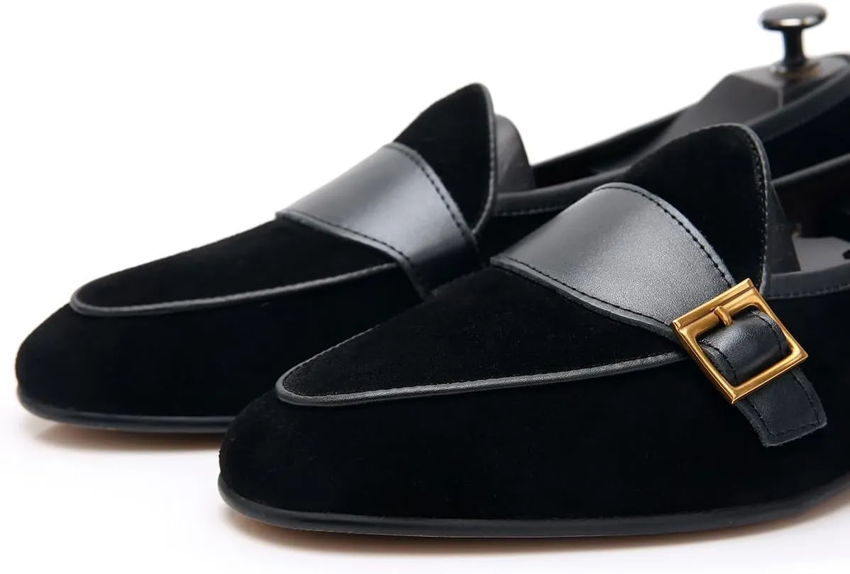 Santimon Men's Velvet Penny Loafers with Gold Buckle, Genuine Leather Formal Dress Slip On Shoes,Prom Wedding Tuxedo Shoes for Men