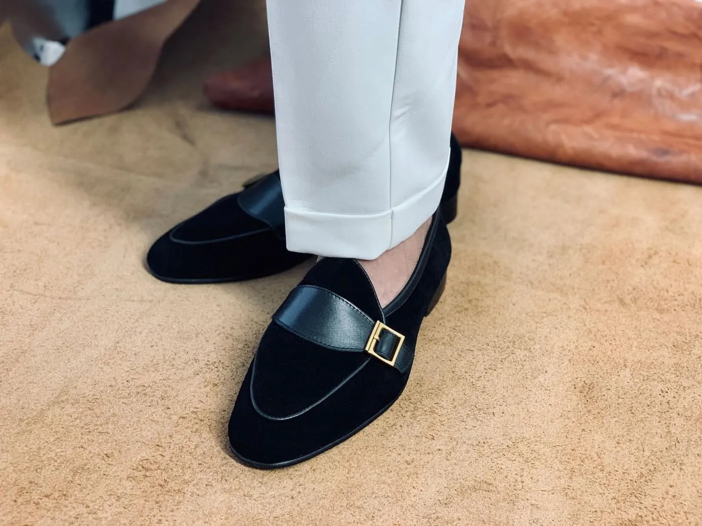Santimon Men's Velvet Penny Loafers with Gold Buckle, Genuine Leather Formal Dress Slip On Shoes,Prom Wedding Tuxedo Shoes for Men