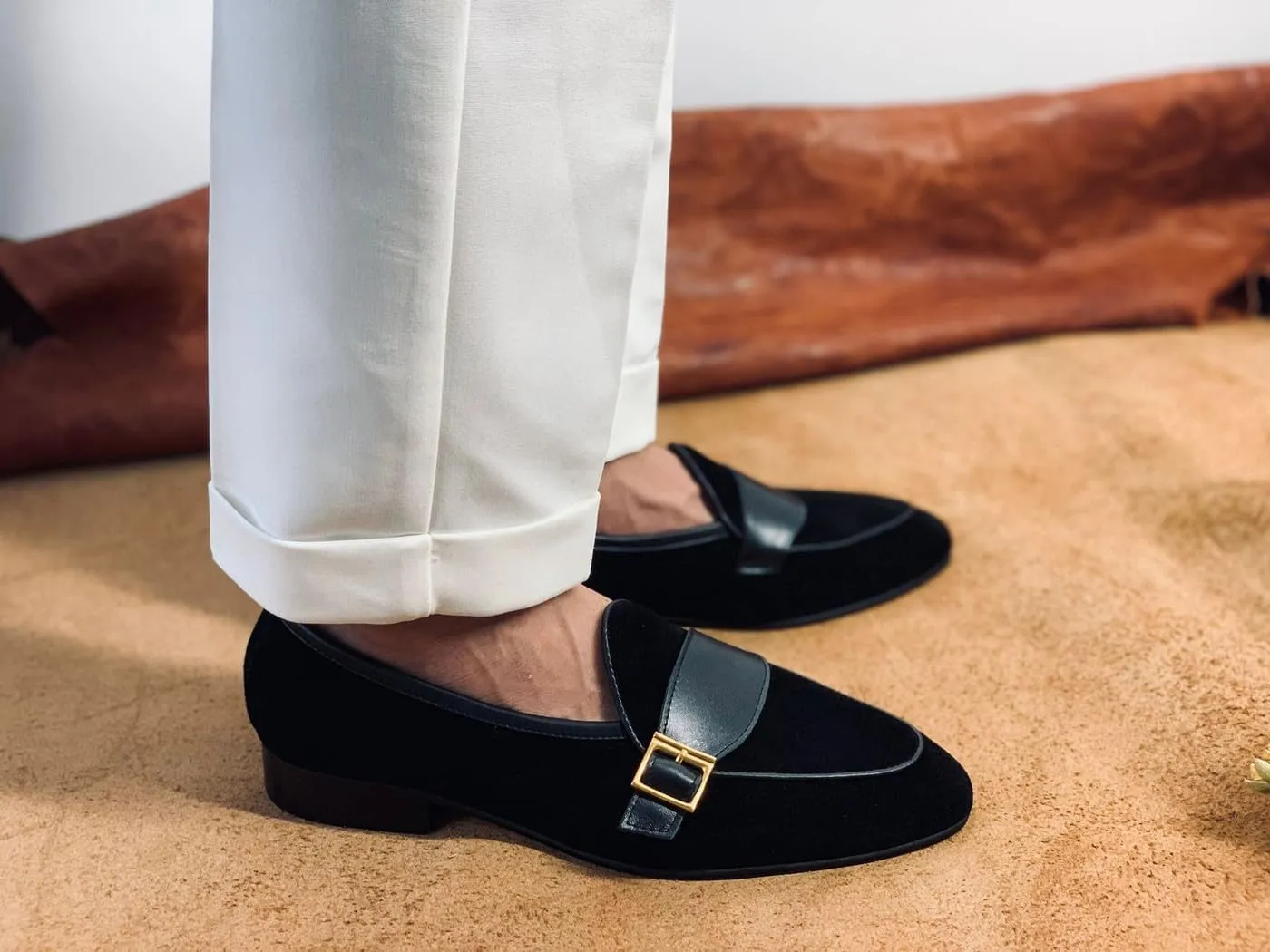 Santimon Men's Velvet Penny Loafers with Gold Buckle, Genuine Leather Formal Dress Slip On Shoes,Prom Wedding Tuxedo Shoes for Men