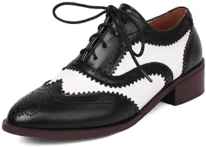 Seborluys Lace-up Wingtips Oxford Shoes for Womens Vintage Multicolor Leather Chunky Heels Two Tone Perforated Saddle Pumps Shoe Low Heel Oxfords Brogues