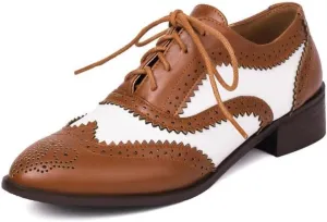 Seborluys Lace-up Wingtips Oxford Shoes for Womens Vintage Multicolor Leather Chunky Heels Two Tone Perforated Saddle Pumps Shoe Low Heel Oxfords Brogues