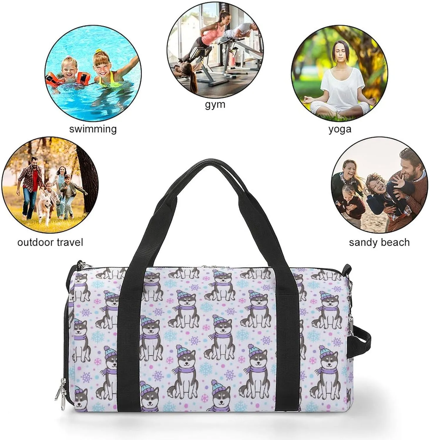 Siberian-husky-dog Pattern Sports Tote Gym Bag for Women Men, Overnight Bag with Shoe Compartment Water Resistant