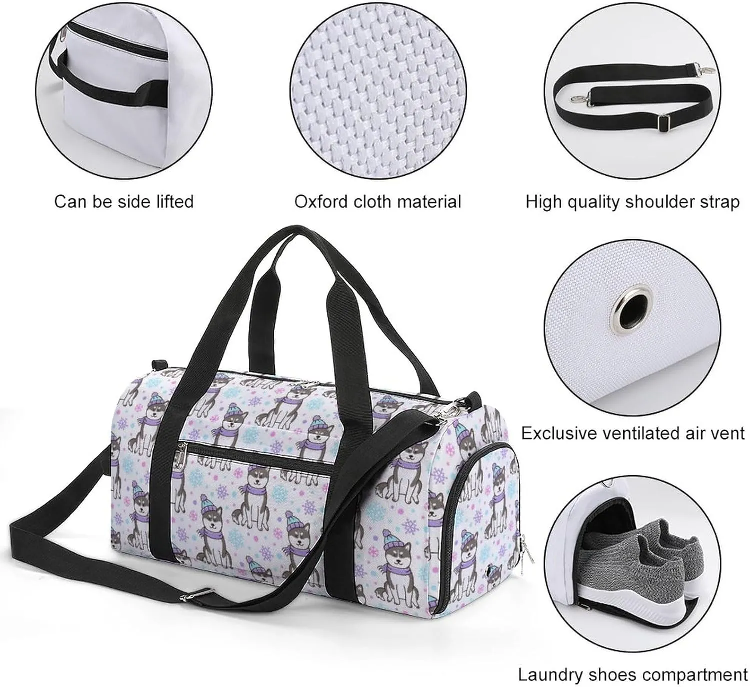 Siberian-husky-dog Pattern Sports Tote Gym Bag for Women Men, Overnight Bag with Shoe Compartment Water Resistant