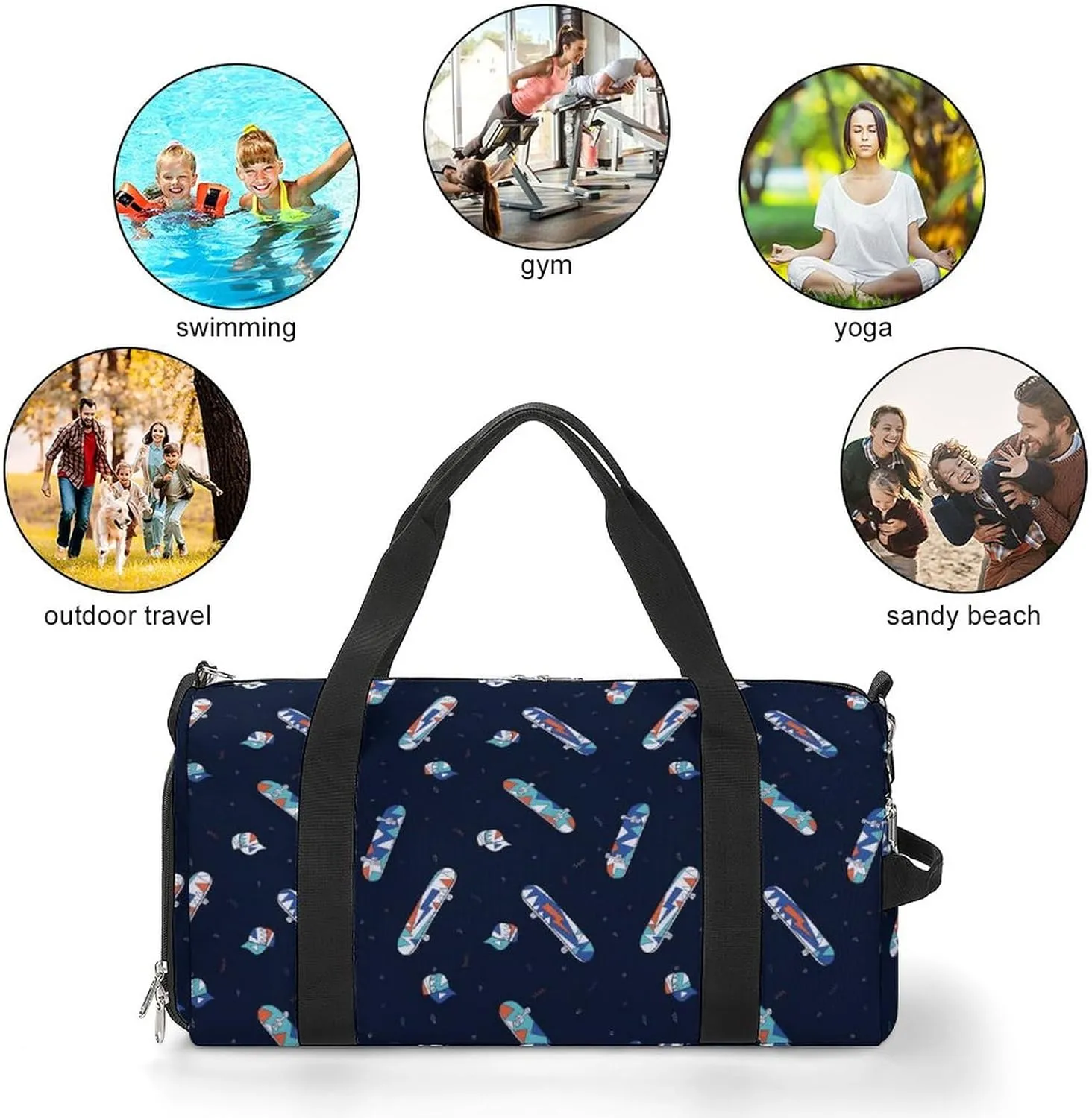 Skate Symbols Sports Tote Gym Bag for Women Men, Overnight Bag with Shoe Compartment Water Resistant