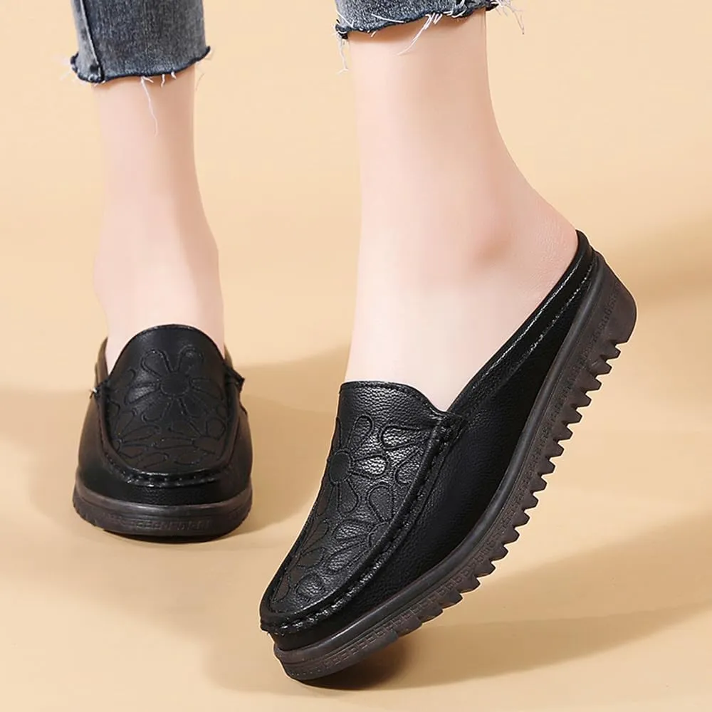Succttssful Women's Closed Toe Mules Sandals for Walking: Backless Flats Loafers for Office - Casual Leather Mules for Girls
