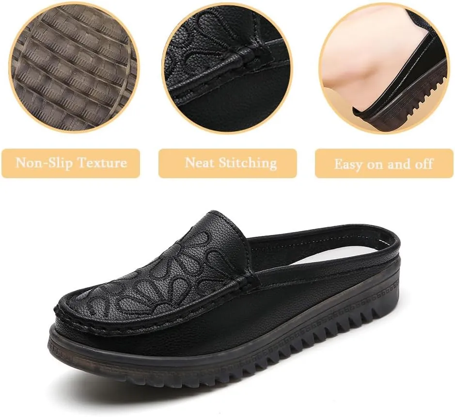 Succttssful Women's Closed Toe Mules Sandals for Walking: Backless Flats Loafers for Office - Casual Leather Mules for Girls