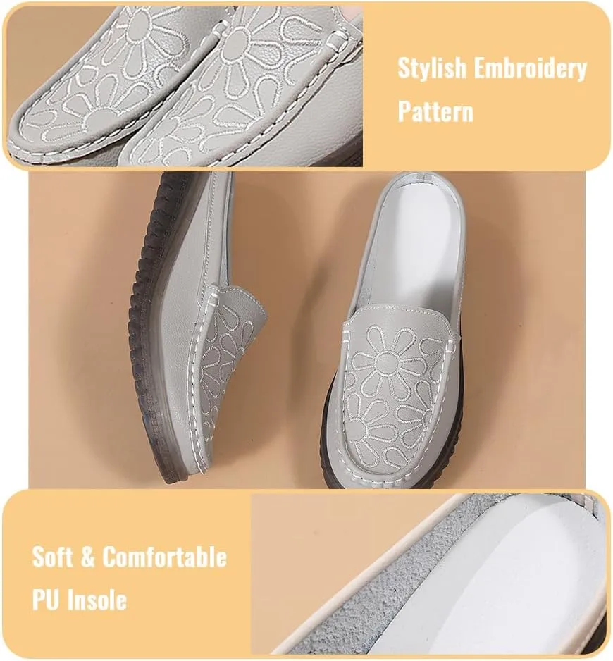 Succttssful Women's Closed Toe Mules Sandals for Walking: Backless Flats Loafers for Office - Casual Leather Mules for Girls