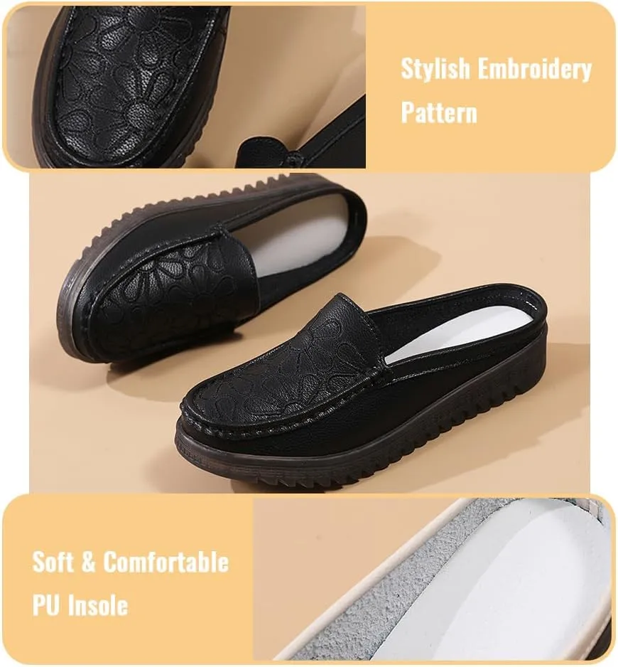 Succttssful Women's Closed Toe Mules Sandals for Walking: Backless Flats Loafers for Office - Casual Leather Mules for Girls