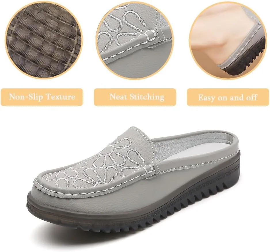 Succttssful Women's Closed Toe Mules Sandals for Walking: Backless Flats Loafers for Office - Casual Leather Mules for Girls