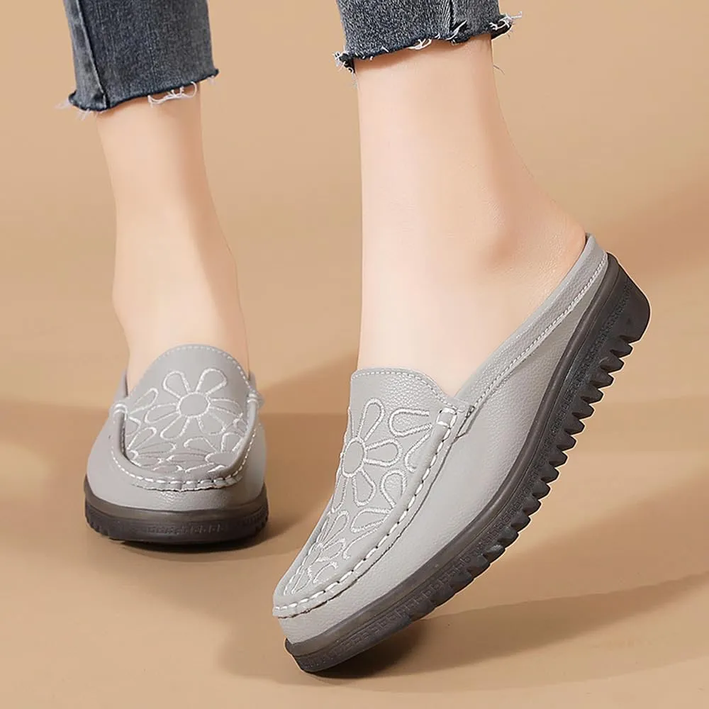 Succttssful Women's Closed Toe Mules Sandals for Walking: Backless Flats Loafers for Office - Casual Leather Mules for Girls