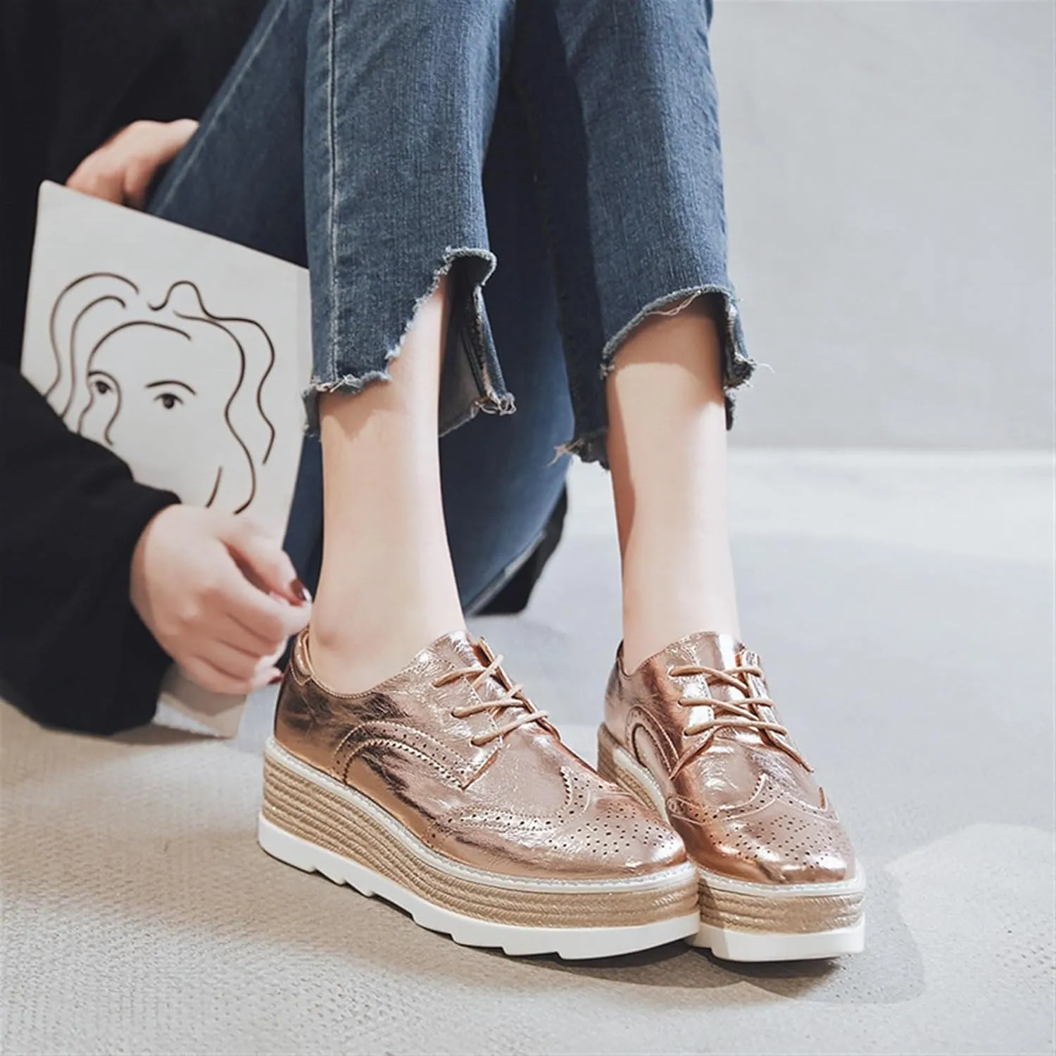 TOSOFT Comfort Oxford Shoes for Women Girls Lace Up Platform Wedge Everyday Work Office Business Formal Dress Shoes Brogues