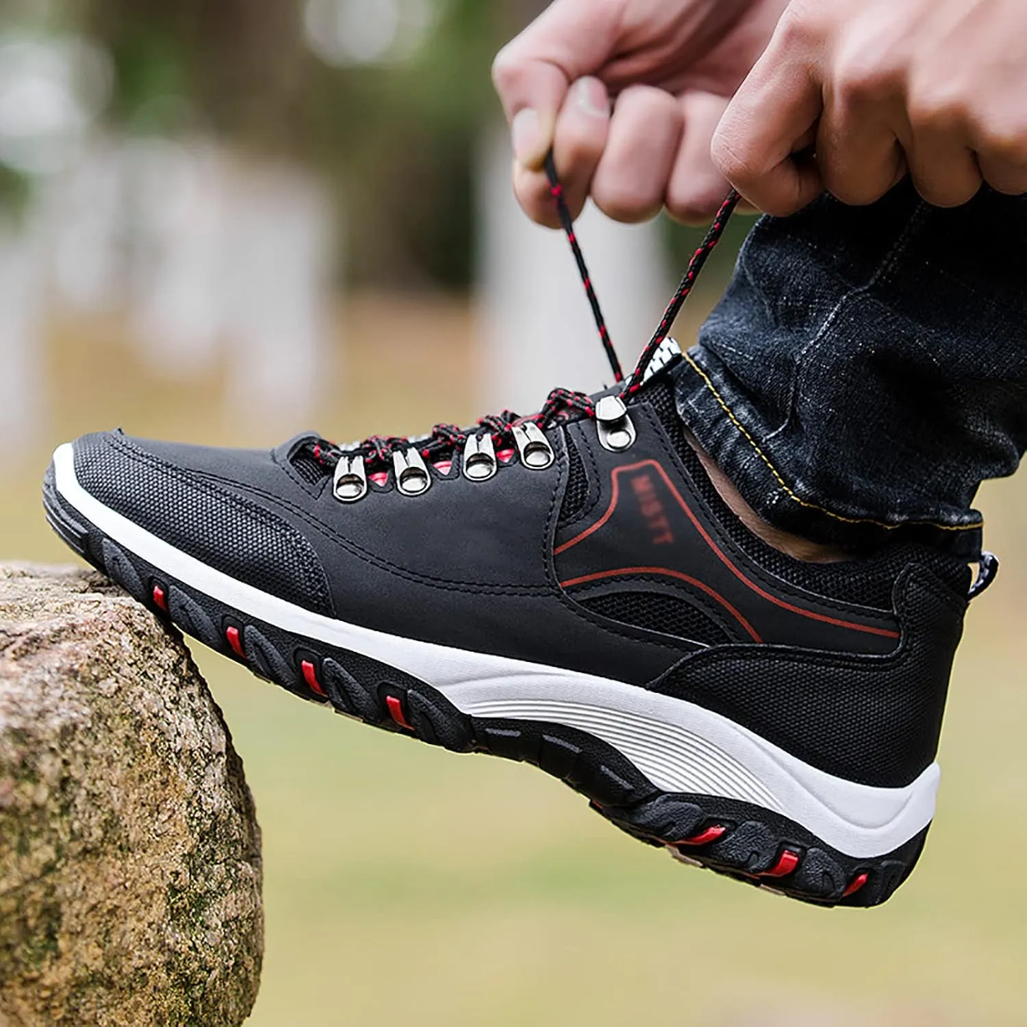 WENOREG Mens Low-Top Non-Slip Gomehut Sneakers,Fashion Good Arch Support Breathable Trekking Trails Sneakers Extended Width Foot and Heel Comfortable Breathable Hiking Walking Shoes