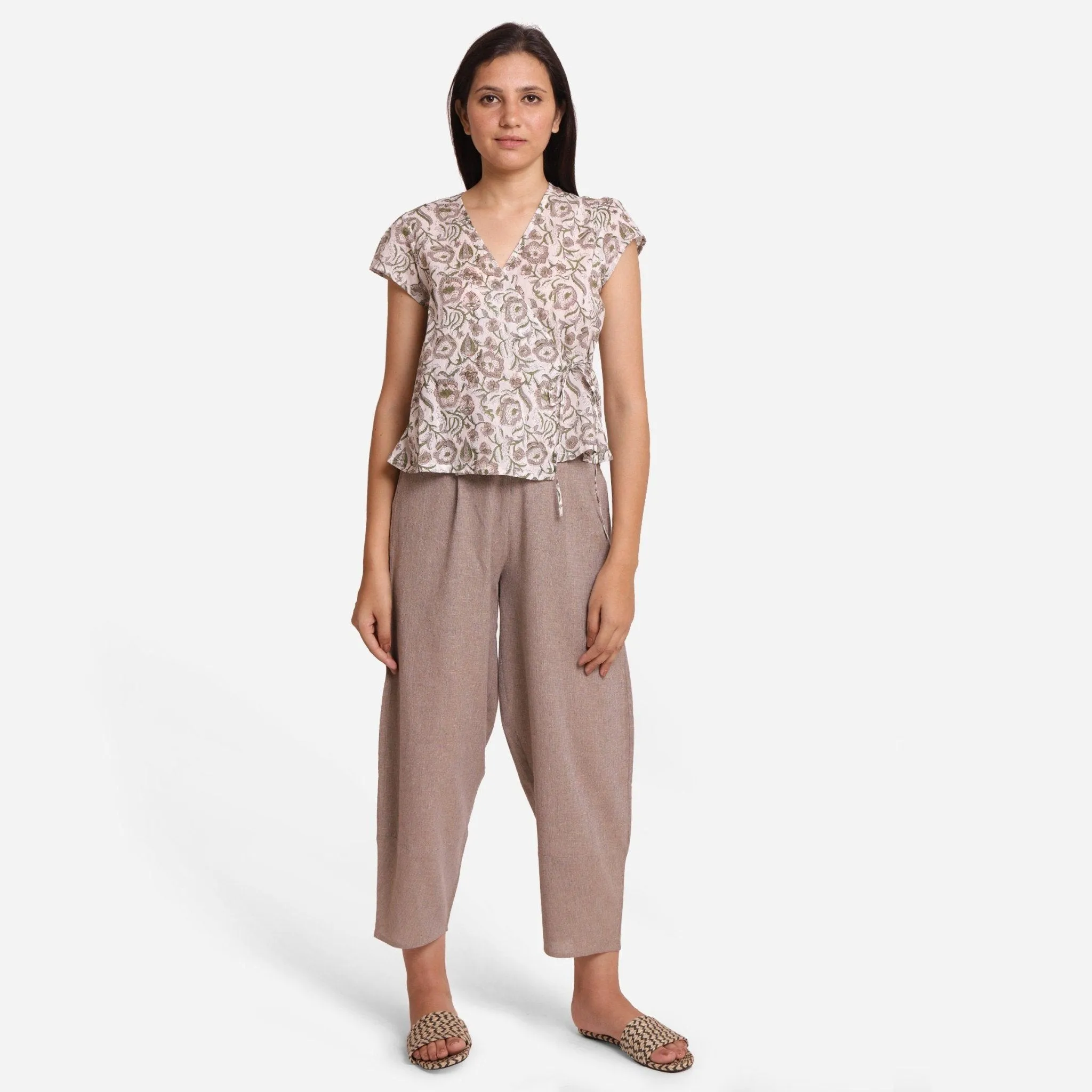 White Floral Block Print Cotton Surplice Neck Wrap Top