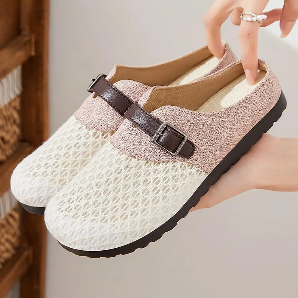 Womens Breathable Mesh Walking Mules 2025 Flat Mules Round Toe Buckle Strap Open Back Slip On Shoes Arch Support